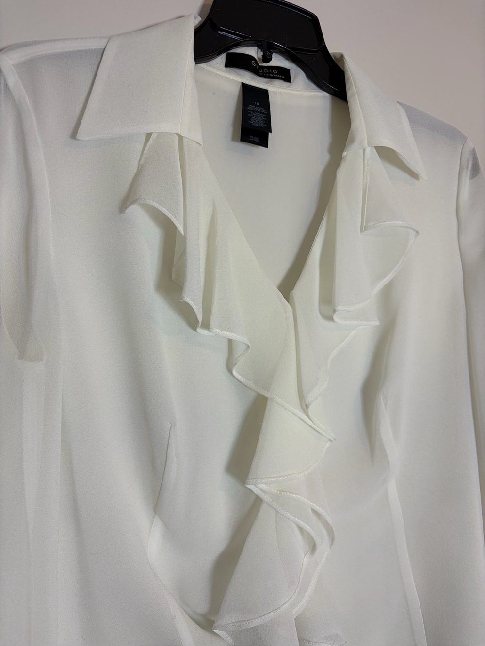 90s White Ruffle V-Neck Sheer Button Up Blouse. Ruffle Top. - Picture 4 of 9